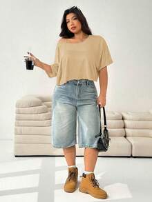 Solflare Áo thun kaki mùa hè dáng rộng cỡ lớn - Màu Khaki - Xem 6