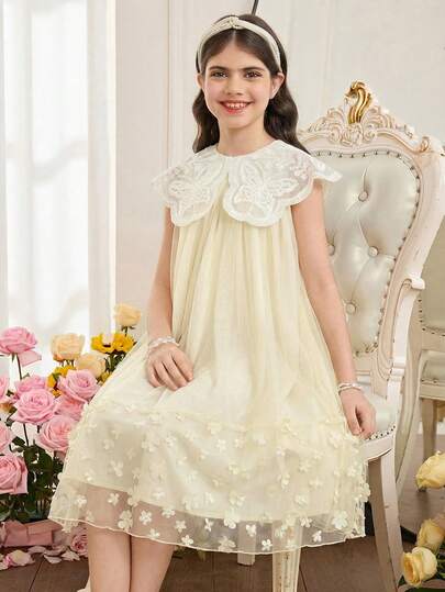 SHEIN Tween Girl Elegant Faux Pearl Embellished Collar Flare Dress, Apricot Color, Spring/Summer