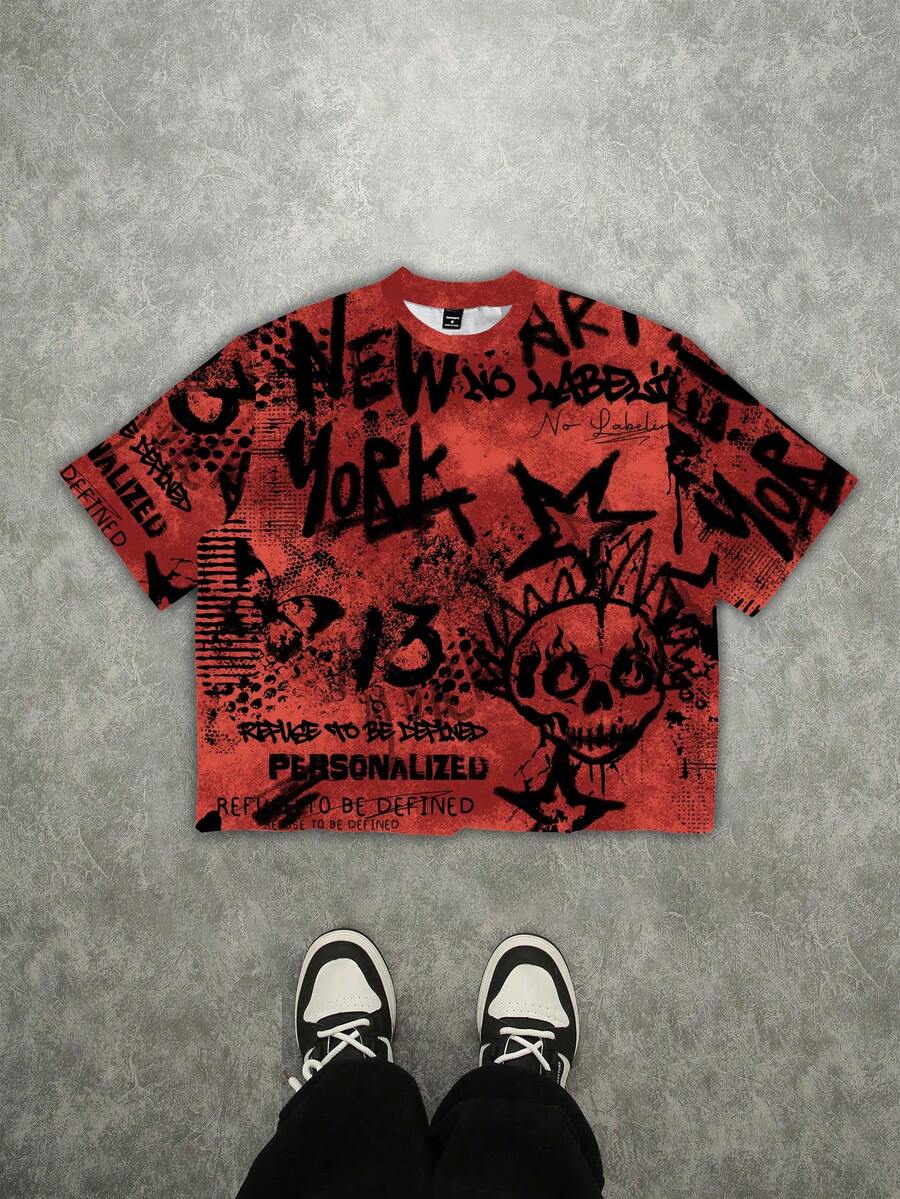 Manfinity Roghcode Camiseta corta de corte holgado con estampado gráfico para hombre - Rojo - Ver 1