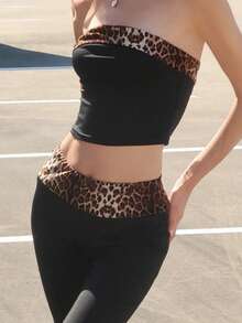 Sydney Algeri 2pcs/Set Leopard Print Patchwork Contrast Color Bandeau Top And High Waist Fitted Flare Pants - Black - View 4