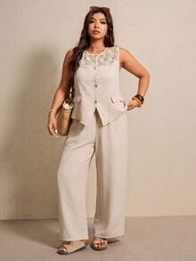 Elaquor Plus Size 2 Pieces Set,Lace Trim Collar Round Neck Shirt & Wide Leg Pants Beige,Summer,Smart Casual,Vacation,Holiday Elegant Commuter Business Outfits - Apricot - View 3