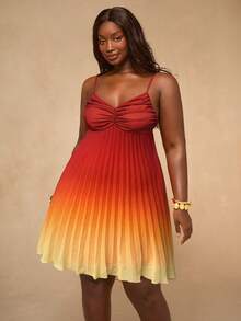 SHEIN BAE Plus Size Women's Ombre Ruched Cami Dress,Elegant Red Summer Satin Party Gradient Pleated V Neck Mini Sundress With Spaghetti Straps For Vacation - Multicolor - View 7