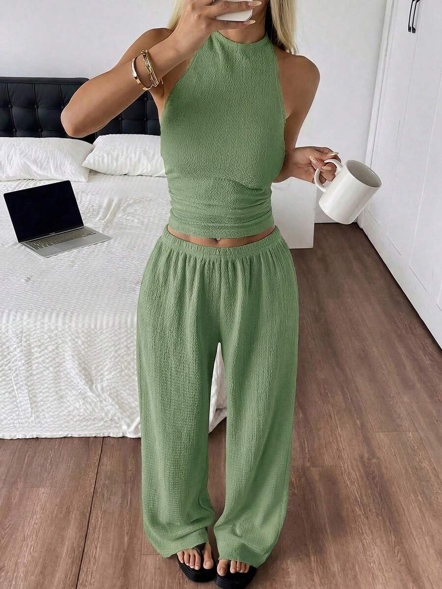 SHEIN EZwear 女士夏季休闲度假露背上衣和裤子套装 女士度假套装 两件套休闲套装 女士夏季两件套 女士两件套休闲套装 女士春季套装 女士两件套休闲套装 休闲两件套 女士两件套 女士套装 女士两件套 两件套套装 两件套夏季套装 - 橄欖綠 - 查看 1