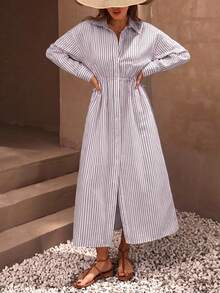 EURMUSE Casual Basic Style Effortless Linen Look Button Through And Drawstring Belt Detailed Maxi Shirt Dress Golf White Autumn - Multicolor - View 4