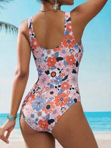 Swim Vcay Women's One-Piece Elegant Thick Strap Colorful Floral Print Swimsuit Set, Suitable For Beach, Pool, Casual Party, Vacation, Spring/Summer - Multicolor - View 2