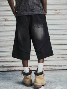 Modcrash Men's Denim Shorts Jeans, Distressed Casual Streetwear Street, Wide Leg Loose Relaxed Fit, Vacation, Spring Summer, Unisex - Black - View 2