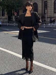 DAZY Women's Solid Color Casual Lace Patchwork Knit Skirt - Black - View 6