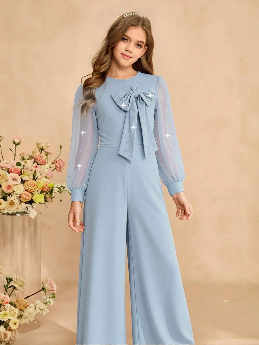 SHEIN 女童优雅连体裤，纯蓝色，3D珍珠装饰，长袖，蝴蝶结点缀，适合日常外出和各种聚会 - 藍色 - 查看 1