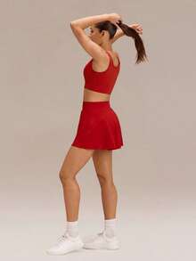 GLOWMODE Falda de entrenamiento con control de abdomen, cintura alta y volantes en forma de V, con pantalones cortos incorporados, de 4.5 pulgadas, cómoda, elástica y de 360°, para tenis, golf y uso diario en primavera y otoño, de secado rápido - Rojo - Ver 8