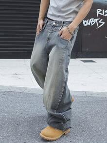 Manfinity EMRG Quần jeans nam dáng suông màu xanh dương cổ điển, ống cong, kiểu dáng thường ngày. - Rửa nhẹ - Xem 3