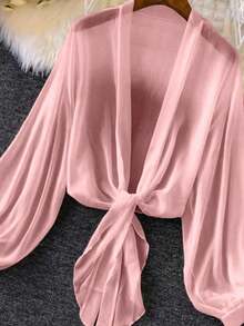 Enliva Women's Plus Size Lightweight Lantern Sleeve Tie Waist Open Front Jacket, Summer Winter Fall Autumn, For Apple And Rounded Body Shape - Pink - View 6