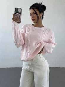 Aloruh 新款女士粉色圆领休闲长袖套头毛衣，秋冬款 - 淺粉色 - 查看 1