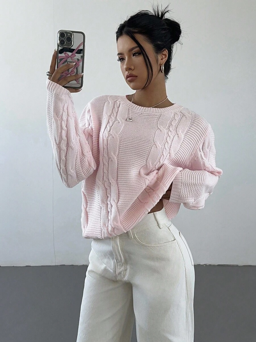 Aloruh 新款女士粉色圆领休闲长袖套头毛衣，秋冬款 - 淺粉色 - 查看 1