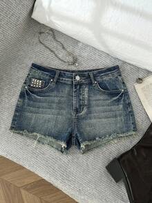 Elamini Women's Casual Denim Shorts With Pockets And Frayed Hem, Versatile For Daily Wear - Medium Wash - View 1