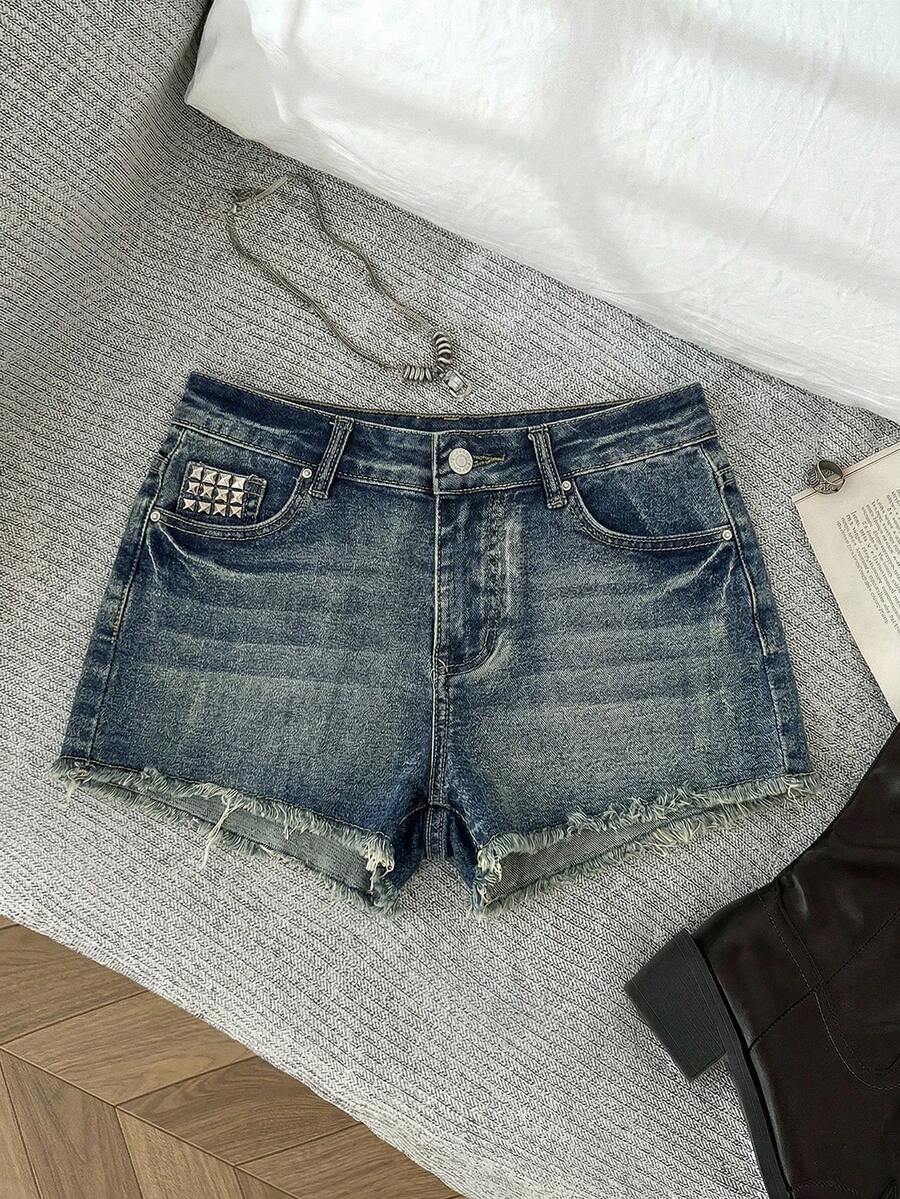 Elamini Women's Casual Denim Shorts With Pockets And Frayed Hem, Versatile For Daily Wear - Medium Wash - View 1