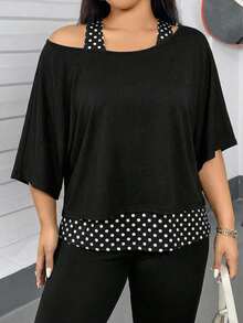 SHEIN Essnce 大码女式休闲两件套，黑白波点吊带背心和露肩上衣，女士夏季两件套，外套，女士夏季服装，露肩上衣，可爱上衣，可爱夏季上衣 - 黑色 - 查看 3