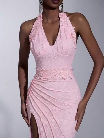 Elitara Elegant Romantic French Lace Cold Shoulder Halter 3D Floral Ruched Waist Tie Slit Fishtail Hem Dress, Suitable For Wedding, Gala, Business, Music Events, Party Wear