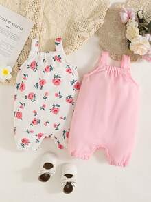 SHEIN 两件套女婴服装套装，时尚少女复古植物花卉玫瑰印花纯粉色无袖吊带连体衣，柔软舒适，适合夏季春季海滩派对、度假野餐等场合，是0-12个月女婴的理想之选。 - 粉色 - 查看 2