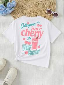 Camiseta de manga corta con estampado de letras informal de vacaciones para niña preadolescente - Blanco - Ver 4
