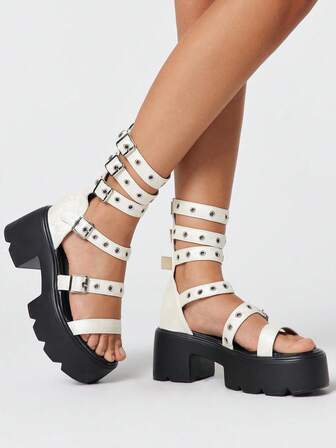Grunge Punk Damen Goth Rock Punk Römersandalen, offene Zehenpartie Lederriemen Plateau Plateau Hoher Absatz Sommer Strandkleid Schuhe, Halloween
