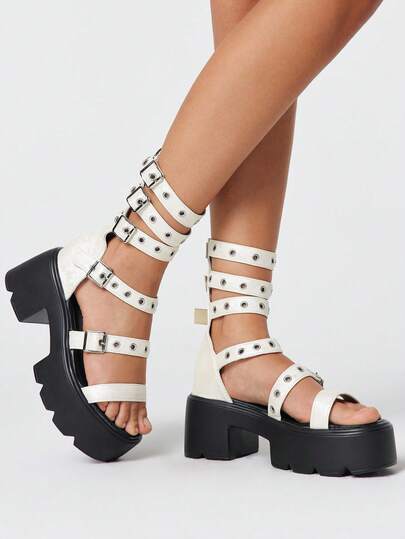 ROMWE Grunge Punk Giày sandal nữ phong cách Goth Rock Punk, hở mũi, quai da, đế cao, gót dày, thích hợp cho mùa hè, đi biển hoặc Halloween.