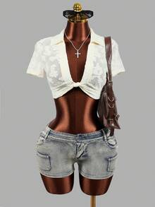 Mistrie Women's Cut-Out Short Sleeve Twist Design Cropped Sexy Blouse - Beige - View 5