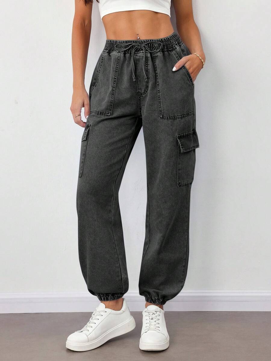 SHEIN Tall 女士抽绳口袋工装风松紧腰宽松休闲锥形裤 - 黑色 - 查看 1