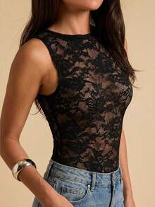 SHEIN BAE Áo liền thân ren đen xuyên thấu gợi cảm dành cho nữ - màu đen - Xem 6