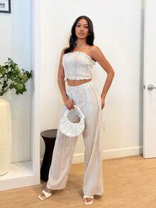 Natali Santanap 2pcs/Set Women Holiday Striped Bandeau Top And Pants Suit Summer Vacation Resort - Apricot - View 4
