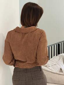 IamThia Corduroy Flap Pocket Button Up Crop Jacket Fall Winter Cloth For Women - Brown - View 2