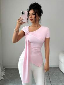 SHEIN Elenzya 女士不规则不对称荷叶边袖粉色短袖T恤，修身显瘦，优雅上衣 - 粉色 - 查看 7