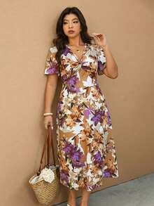 Elaquor Plus Size Casual Vacation Elegant V-Neck Cinched Waist Dress - Multicolor - View 6