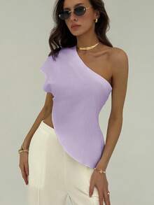 Aloruh 女士纯色不对称下摆时尚衬衫 - 紫羅蘭色 - 查看 6