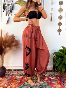 Fembélia 印花宽松抽绳休闲街舞裤 - 棕色 - 查看 1