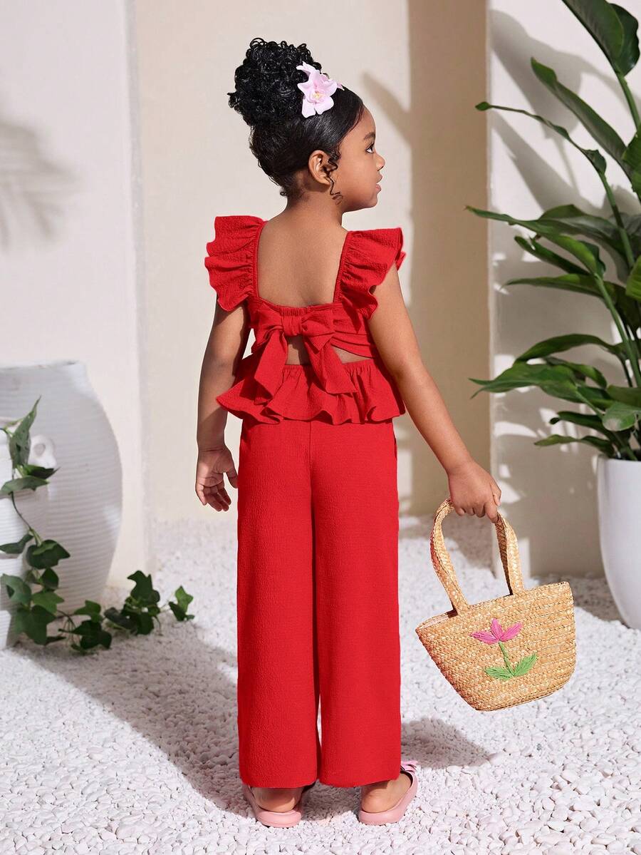 Setelan 2 Potong untuk Anak Perempuan: Kemeja Lengan Pendek Bertekstur Warna Fuchsia dengan Pita di Belakang dan Celana Panjang, Cocok untuk Liburan Santai. - Merah - View 1