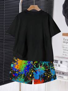 SHEIN Bộ 2 món cho bé trai, phong cách tối giản, thời trang cổ điển, Y2K, in hình khủng long, họa tiết rằn ri, vẽ graffiti thủ công, áo thun cổ tròn tay ngắn và quần short rộng rãi, thoải mái, thích hợp cho mùa xuân/hè. - Nhiều màu - Xem 2