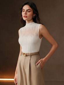 Anewsta 优雅纯色针织混纺不规则高密度欧根纱休闲圆领女式针织背心，适合秋季、冬季、外出、正式场合、派对、时尚、新年、圣诞节、工作、毕业典礼、婚礼、春夏等各种场合。 - 白色 - 查看 3