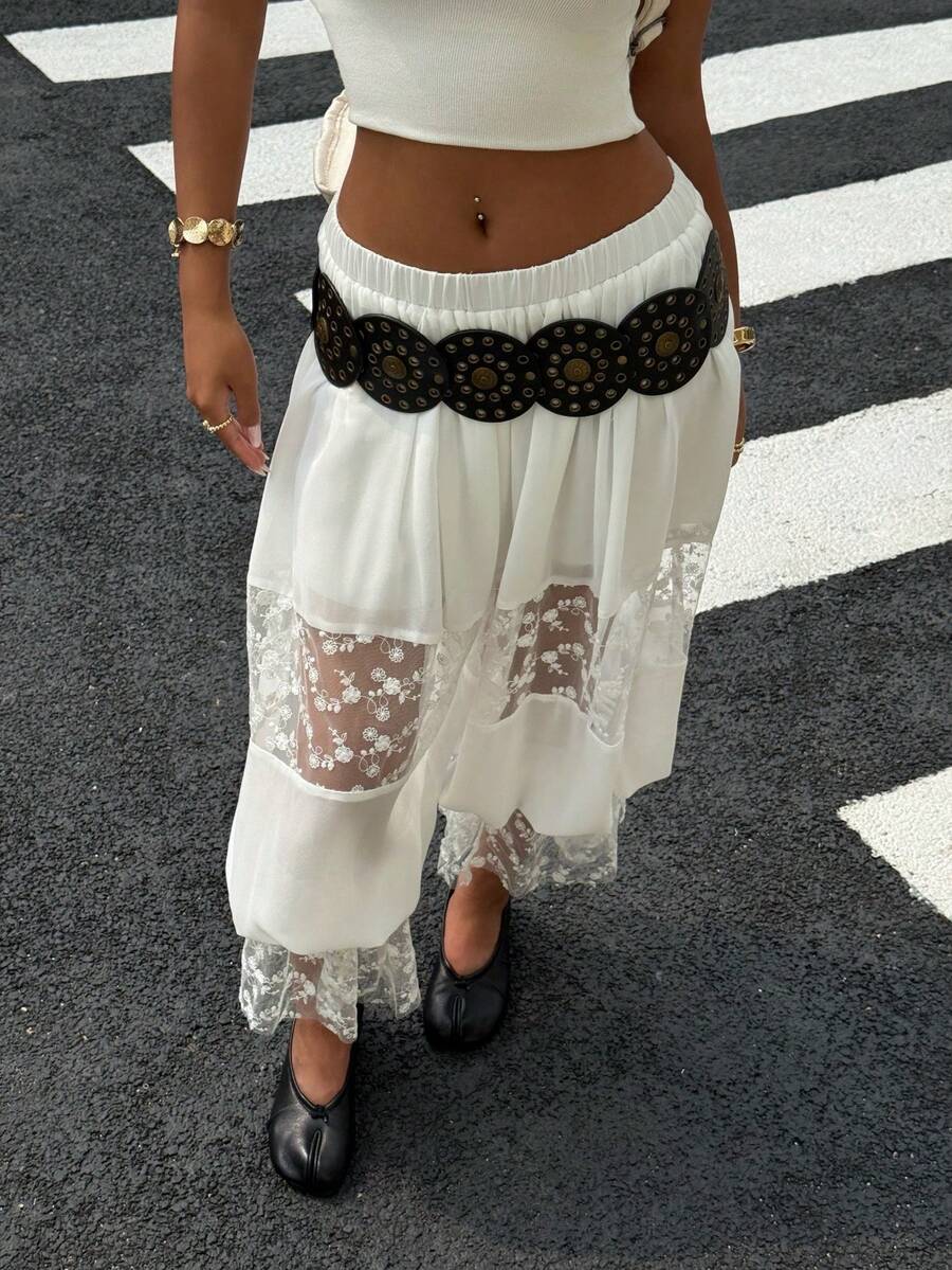 SHEIN EZwear Women's Casual Daily Contrast Mesh Floral Embroidery Ruffle Hem Long Pants - White - View 1