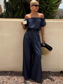 Livesso Bộ đồ denim hai mảnh cho nữ, áo trễ vai - Màu xanh lam - Xem 5