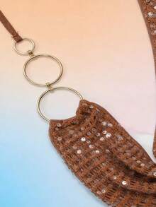 Nevyona 休闲度假亮片深V领金属环性感露脐上衣 - 棕色 - 查看 8