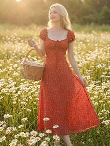 DAZY Women's Square Neck Ditsy Floral Red Puff Sleeve Midi Dress Summer Sundress - Dark Red - View 3