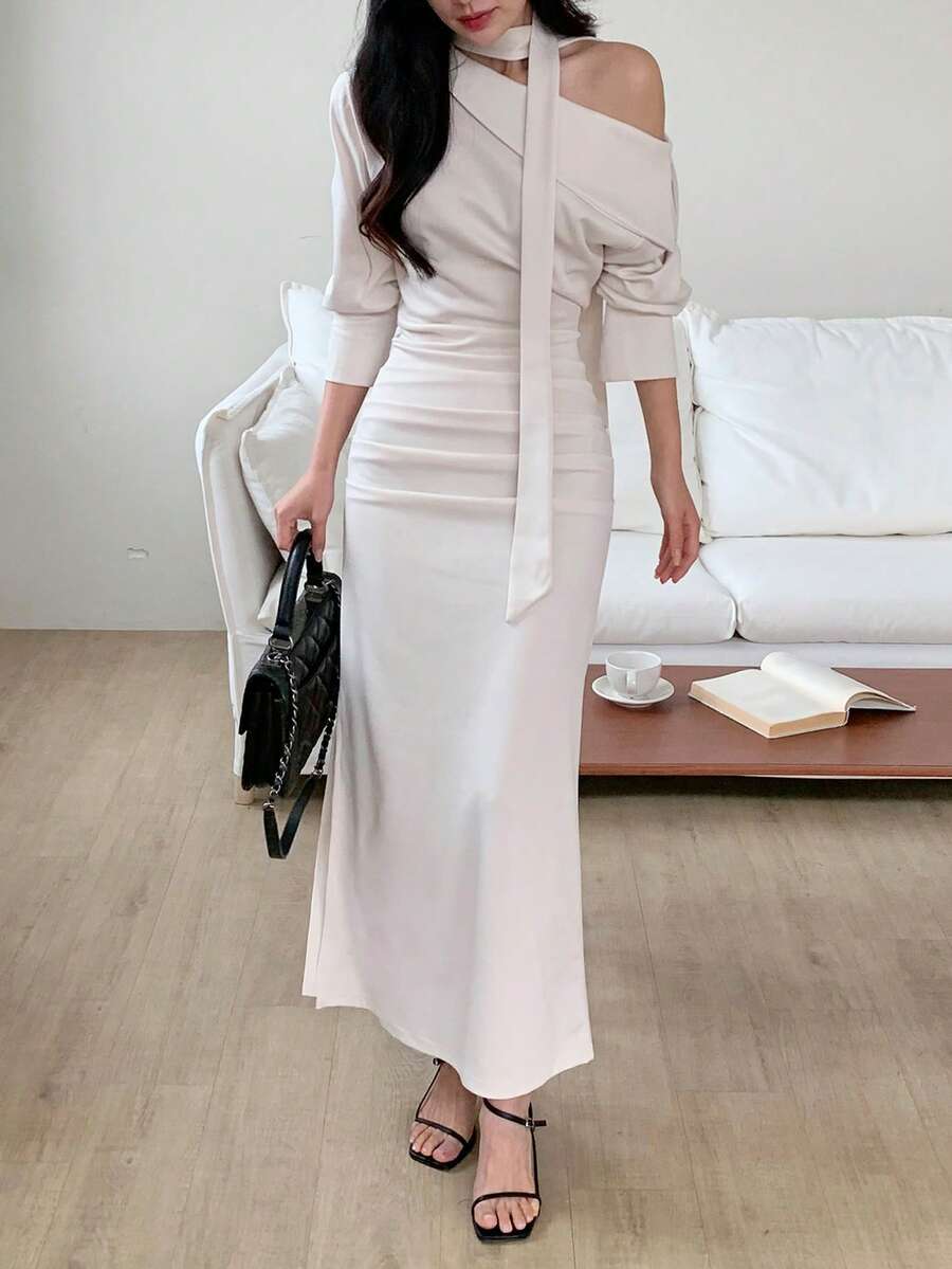 DAZY Women's Asymmetric Shoulder Bodycon Mid-Length Dress Maxi Dress Sundress - Apricot - View 1