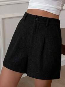 DAZY Women's Solid Color Casual Loose Fit Wool Blend Shorts, Autumn/Winter - Black - View 5
