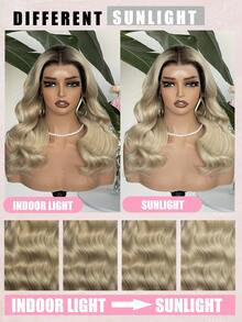 Tóc giả ombre highlight màu vàng tro, tóc thật, chân tóc nhuộm 13x4, ren trong suốt phía trước, tóc thật màu vàng kem, kiểu sóng nhẹ, tóc thật nguyên chất, thích hợp cho tiệc sinh nhật. - S20 - Xem 3