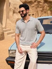 DAZY Áo polo nam tay ngắn, chất liệu dệt họa tiết, màu xám, thích hợp cho mùa hè. - Xám - Xem 6