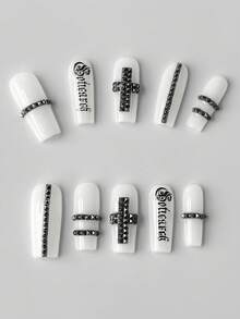 10片朋克风十字铆钉假指甲片+3片双面胶，Y2K黑白字母图案元素美甲，Y2K可卸长方形按压式指甲，四季皆宜，适合日常、约会佩戴 - 黑白鉚釘2 - 查看 3