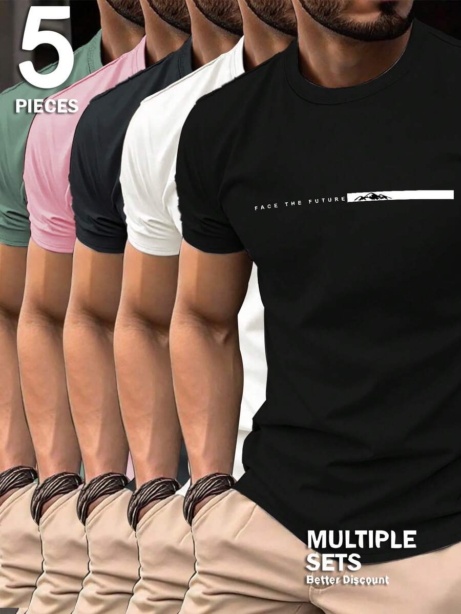 Manfinity Homme Bộ 5 áo thun nam in chữ kiểu dáng thường ngày, thích hợp cho mùa hè. - Nhiều màu - Xem 1