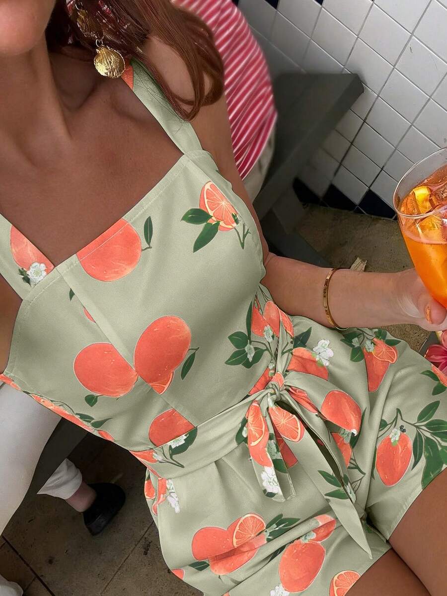 Flora Isola Flora Isola Standard Size Pink Base Orange Fruit Print Jumpsuit, Spring/Summer Holiday Romper - Multicolor - View 1