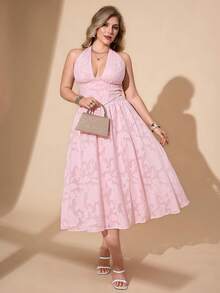 Hourglow Plus Size Halter Top & Textured Pattern Skirt 2 Pieces Set, For Hourglass Body Shape/2026 /New Year - Pink - View 8