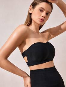 女士无缝无钢圈文胸，性感单肩设计，防滑侧边，可拆卸垫和交叉后背，无肩带 - 黑色 - 查看 2